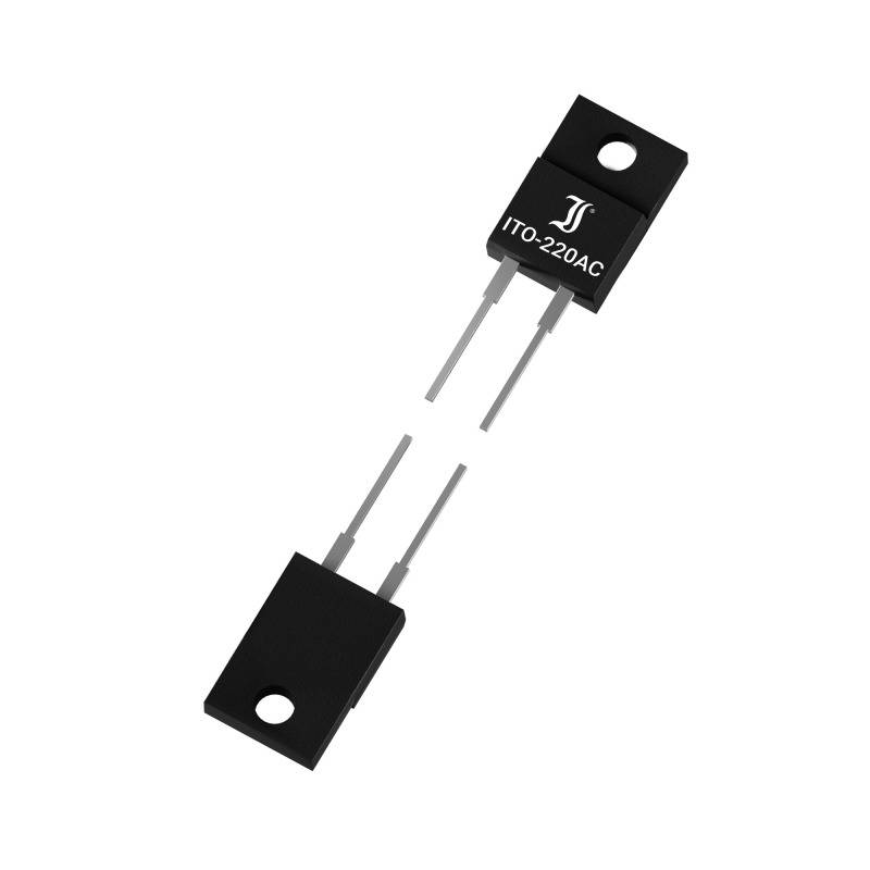 Černý elektronický tranzistor se dvěma kovovými svorkami, modelové číslo ITQ-2204AC, na bílém pozadí.