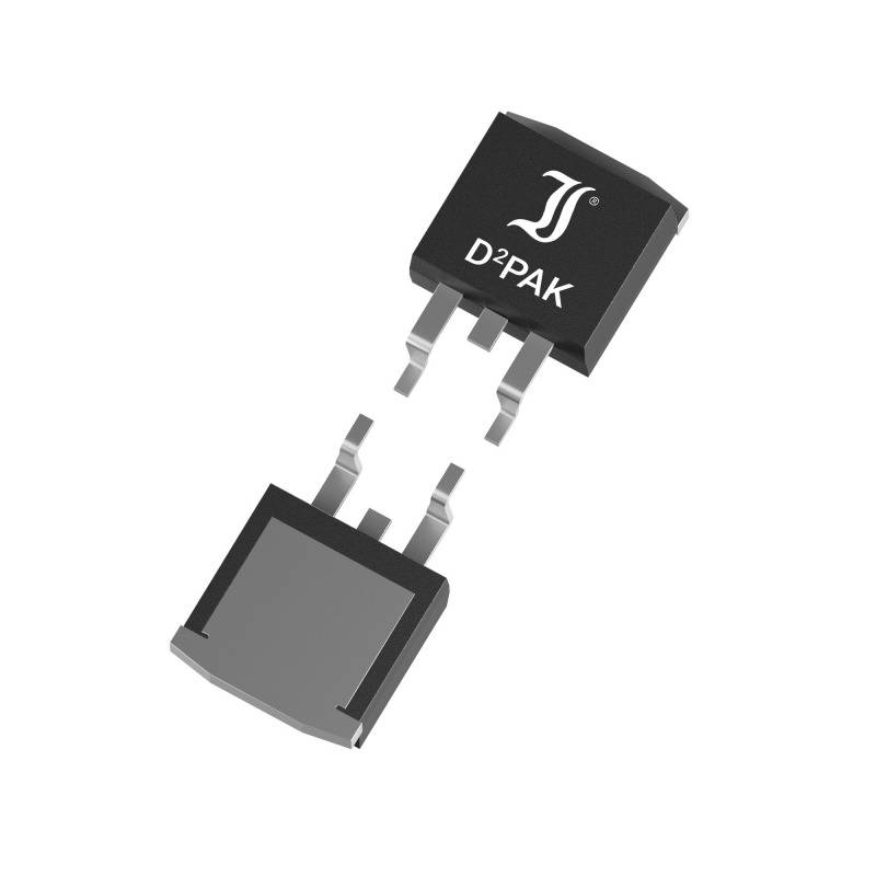 Černý polovodičový čip v pouzdře D2PAK se třemi nožkami, pohled shora. Tento komponent se používá v elektronických obvodech.