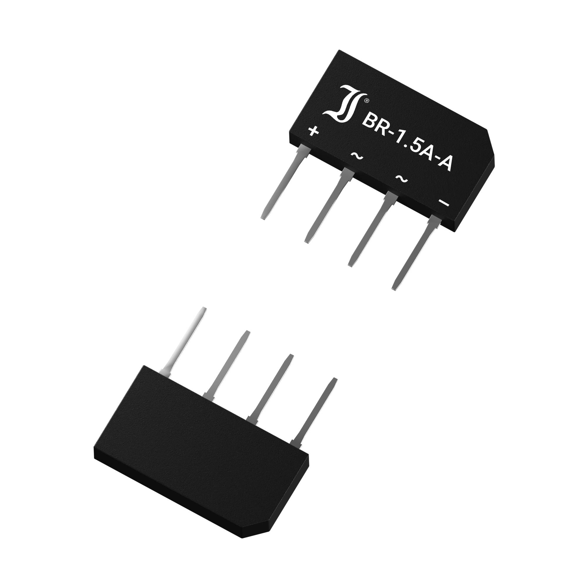 Můstkový usměrňovač se čtyřmi připojovacími nožkami, označený štítkem 'BR-1.5-A'. Znaménka plus a mínus označují polaritu.
