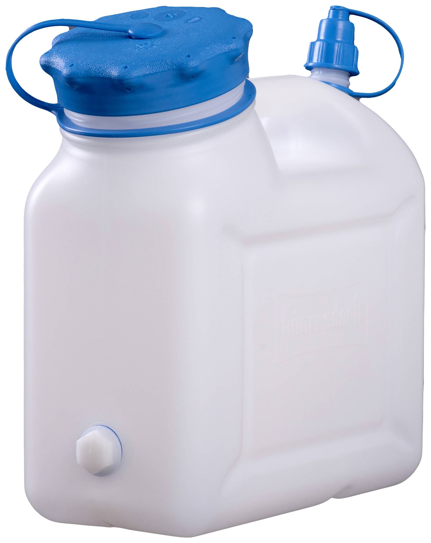 Bílý plastový kanystr s modrým šroubovacím uzávěrem a výlevkou.