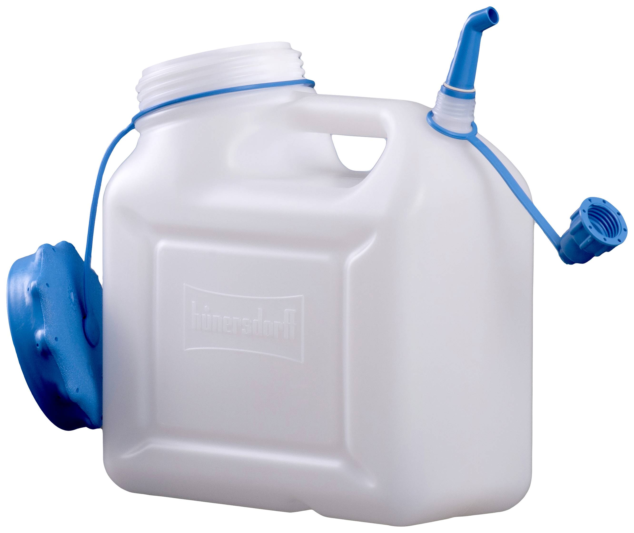 Bílý plastový kanystr na vodu s modrým šroubovacím uzávěrem a výlevkou. Ideální pro kempování nebo outdoorové aktivity.