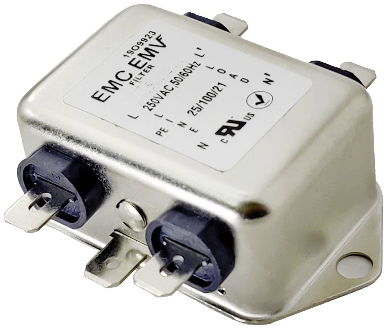 Kovový EMC filtr s popisným štítkem '250V AC 50/60Hz'. Čtyři konektorové vstupy pro elektrotechnické aplikace.
