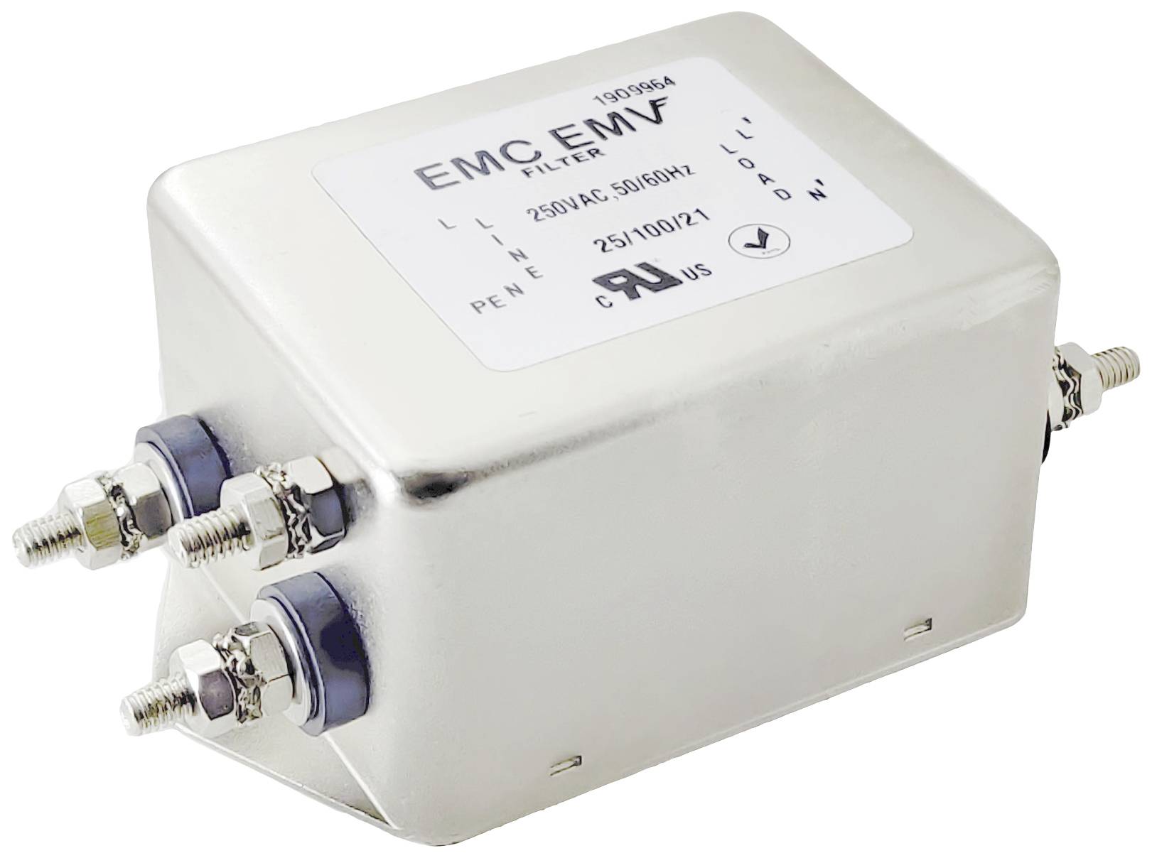 Obdélníkový stříbrný elektromagnetický filtr s označením 'EMC EMV FILTER', napětím 250VAC a připojovacími svorkami.