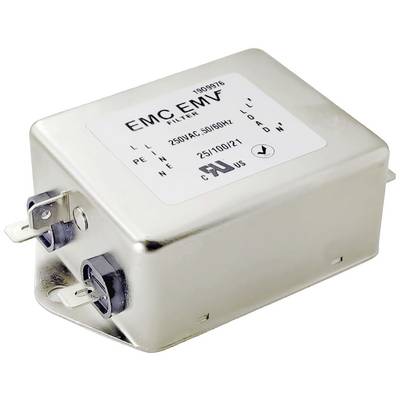 Kovový kryt s nápisem 'EMC EMV Filtr', údajem napětí '250VAC, 50/60Hz' a připojovacími svorkami.