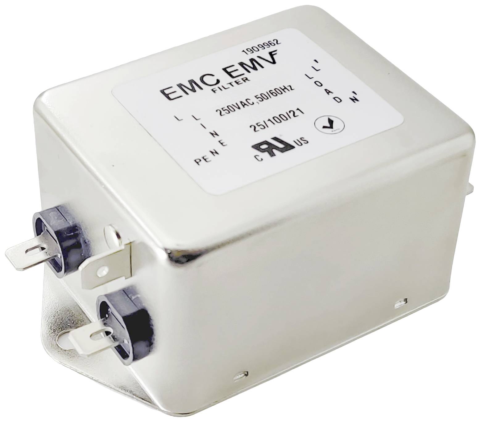 Obdélníkový EMC/EMV filtr s štítkem zobrazuje údaje o napětí (250V AC), frekvenci (50/60 Hz), čísle modelu a certifikacích.