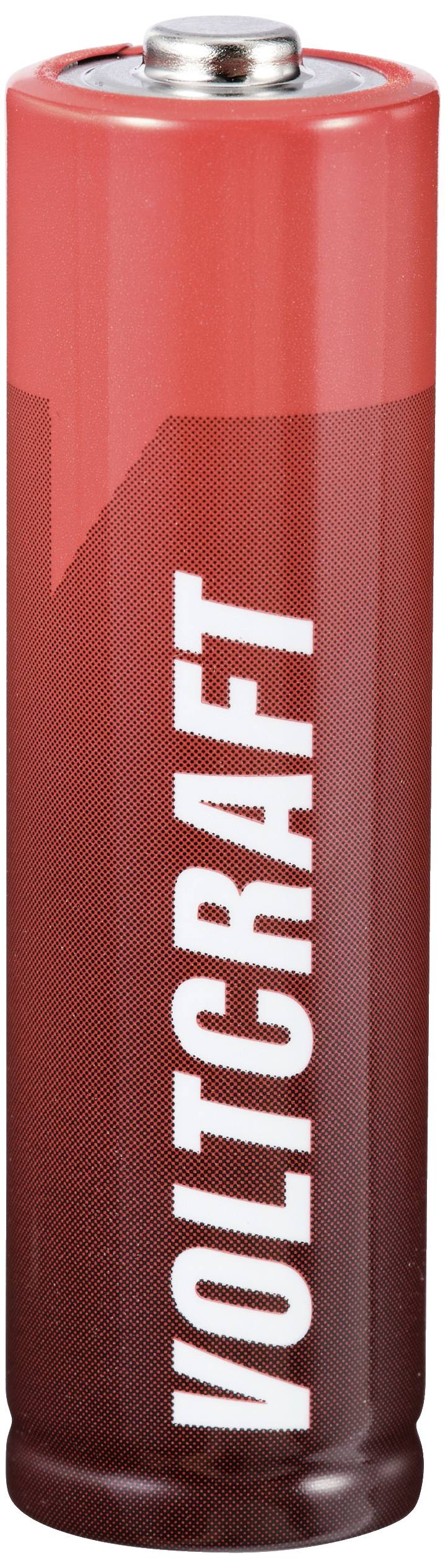 Červená baterie s nápisem 'VOLTCRAFT' na straně, válcovitého tvaru, nahoře viditelná stříbrná čepička.