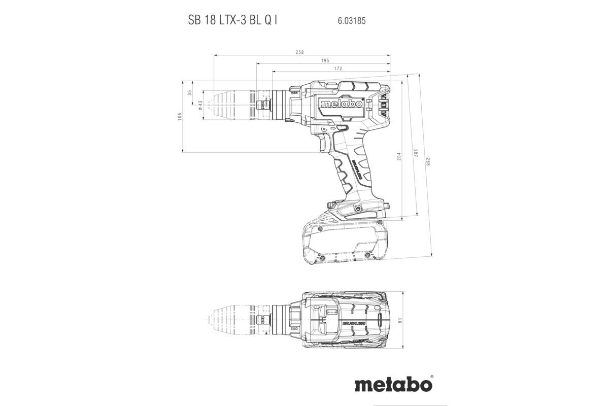 Technický výkres akumulátorového šroubováku, model 'SB 18 LTX-3 BL Q I' od firmy Metabo, s rozměry v milimetrech.