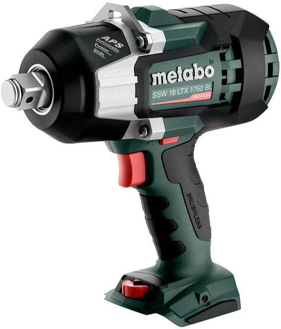 Bezšnurový nástroj Metabo s nárazovým účinkem, gripu s baterií, čtvercovým pohonem vpředu a červeným spouští, zobrazený na bílém pozadí.