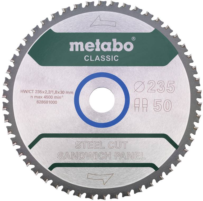 Pilový kotouč Metabo Classic z ocelového řezu na sendvičové panely, označený Ø235 a 50 zubů, zobrazený zepředu se středovým montážním otvorem.