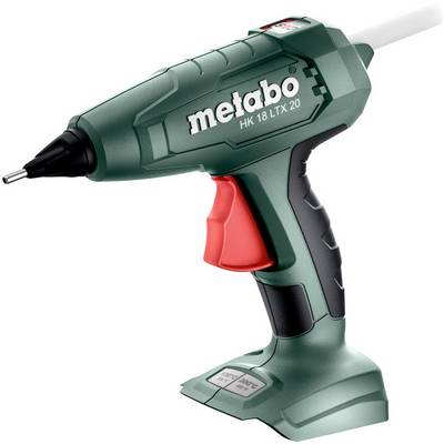 Bezdrátová vlepovací pistole Metabo HK 18 LTX 20 s červeným spouští na bateriové základně, zobrazená na bílém pozadí.