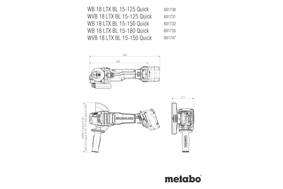 Nákres série úhlových brusek Metabo 'WB 18 LTX BL' s různými modelovými čísly. Boční, přední a horní pohled.