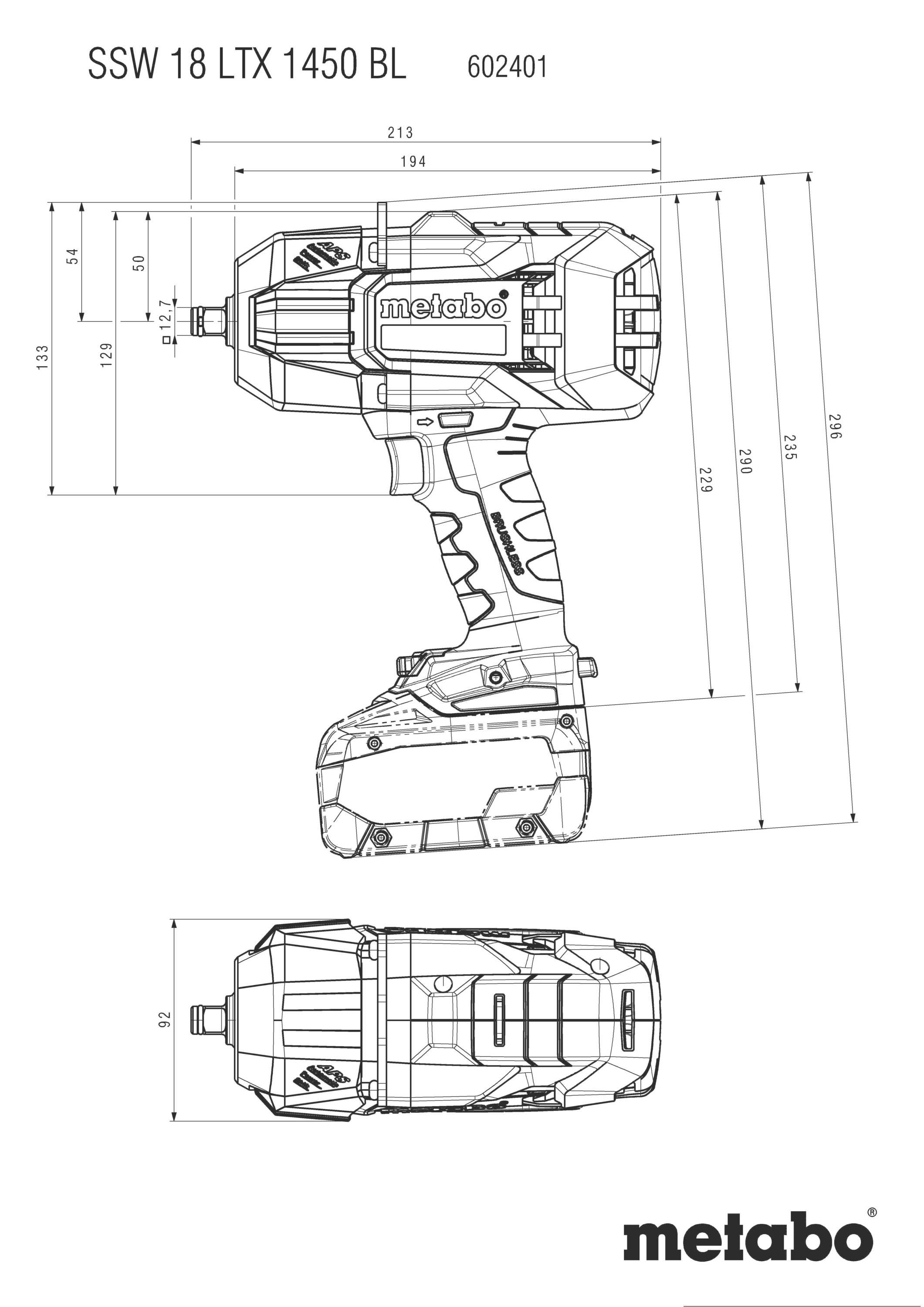 'Technický výkres Metabo rázového utahováku SSW 18 LTX 1450 BL s rozměry a číslem modelu 602401.'