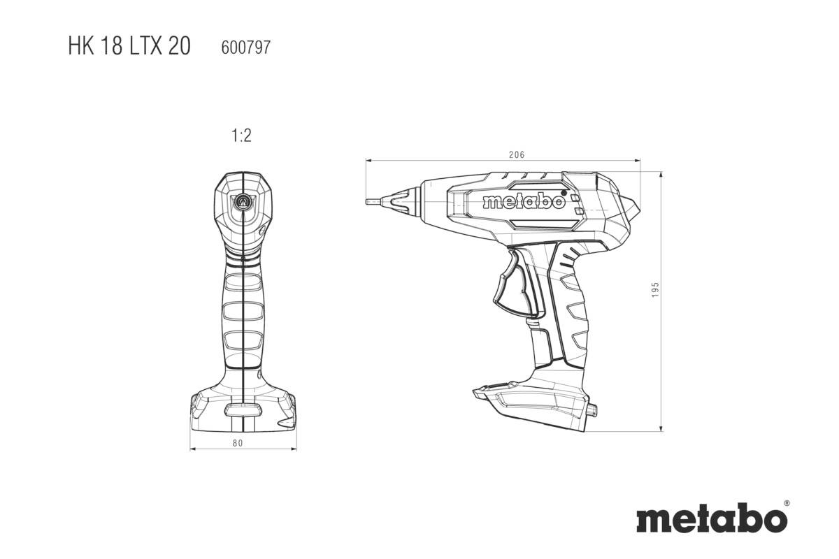 Technický výkres akumulátorového šroubováku, modelové označení 'HK 18 LTX 20'. Zobrazuje přední a boční pohled s rozměry. Značka: Metabo.