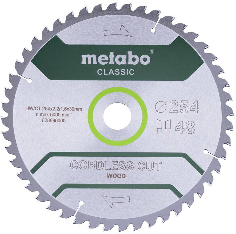 Kulatý pilový kotouč Metabo Classic na dřevo pro bezdrátové pily, průměr 254 mm a 48 zubů, zobrazený zepředu s středovým otvorem a zeleným brandingem.