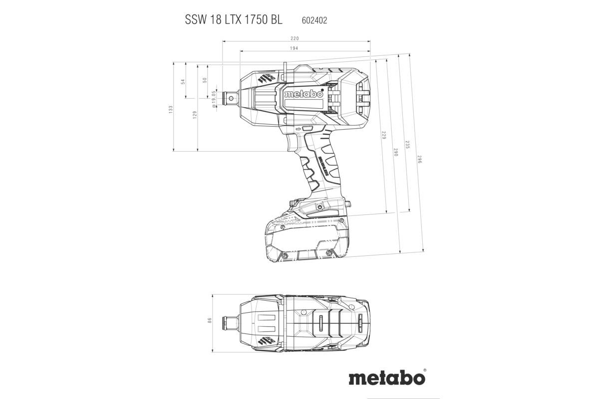 Technický výkres Metabo SSW 18 LTX 1750 BL, zobrazující přední a boční pohled s rozměry.