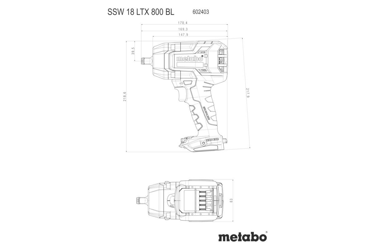 Technický výkres Metabo SSW 18 LTX 800 BL rázového utahováku, s rozměry a číslem modelu 602403.