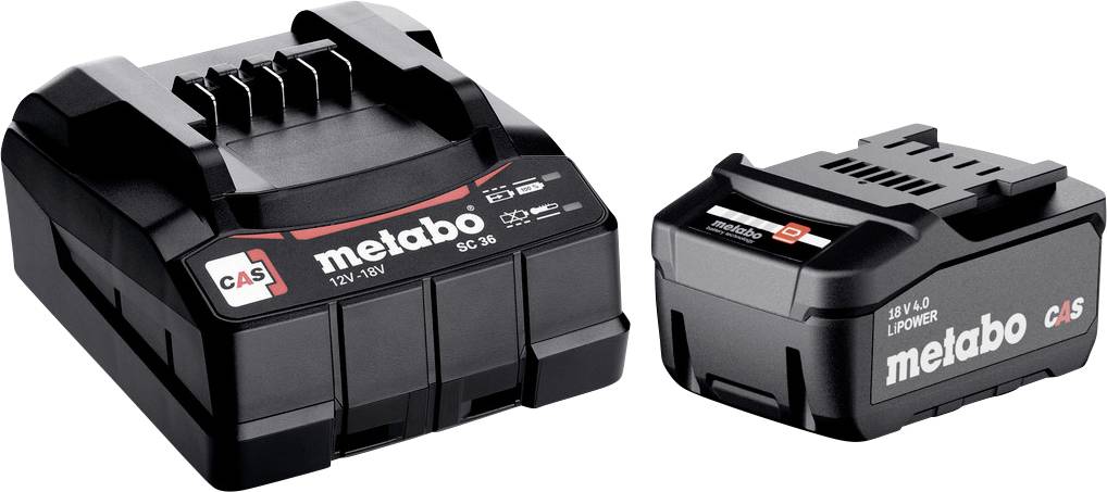 Dvě baterie bezdrátového nářadí Metabo, jeden velký 18V balíček a jeden menší 18V LiPOWER balíček, zobrazené vedle sebe na bílém pozadí.