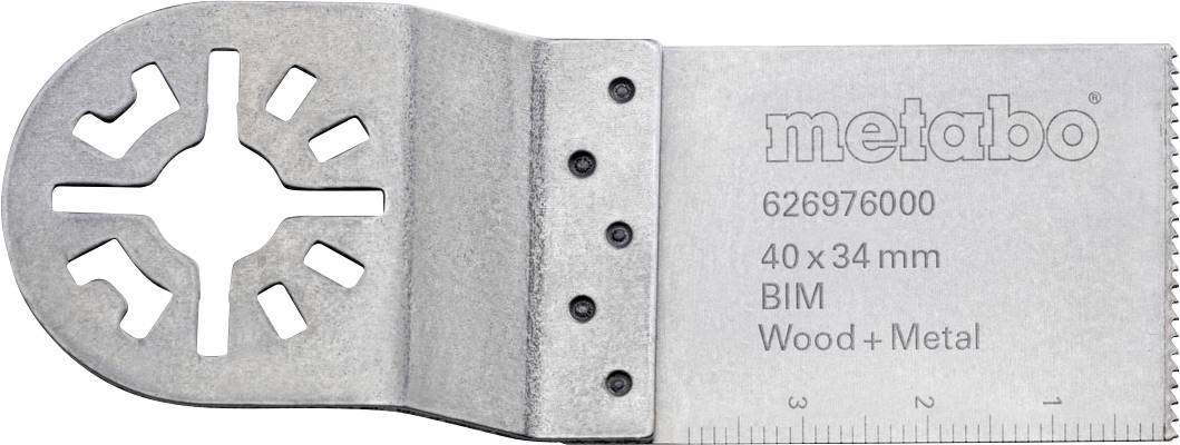 Metabo BIM pila s kmitavým pohybem na dřevo a kov, 40 x 34 mm, s značením řezné hrany a měřítkem.
