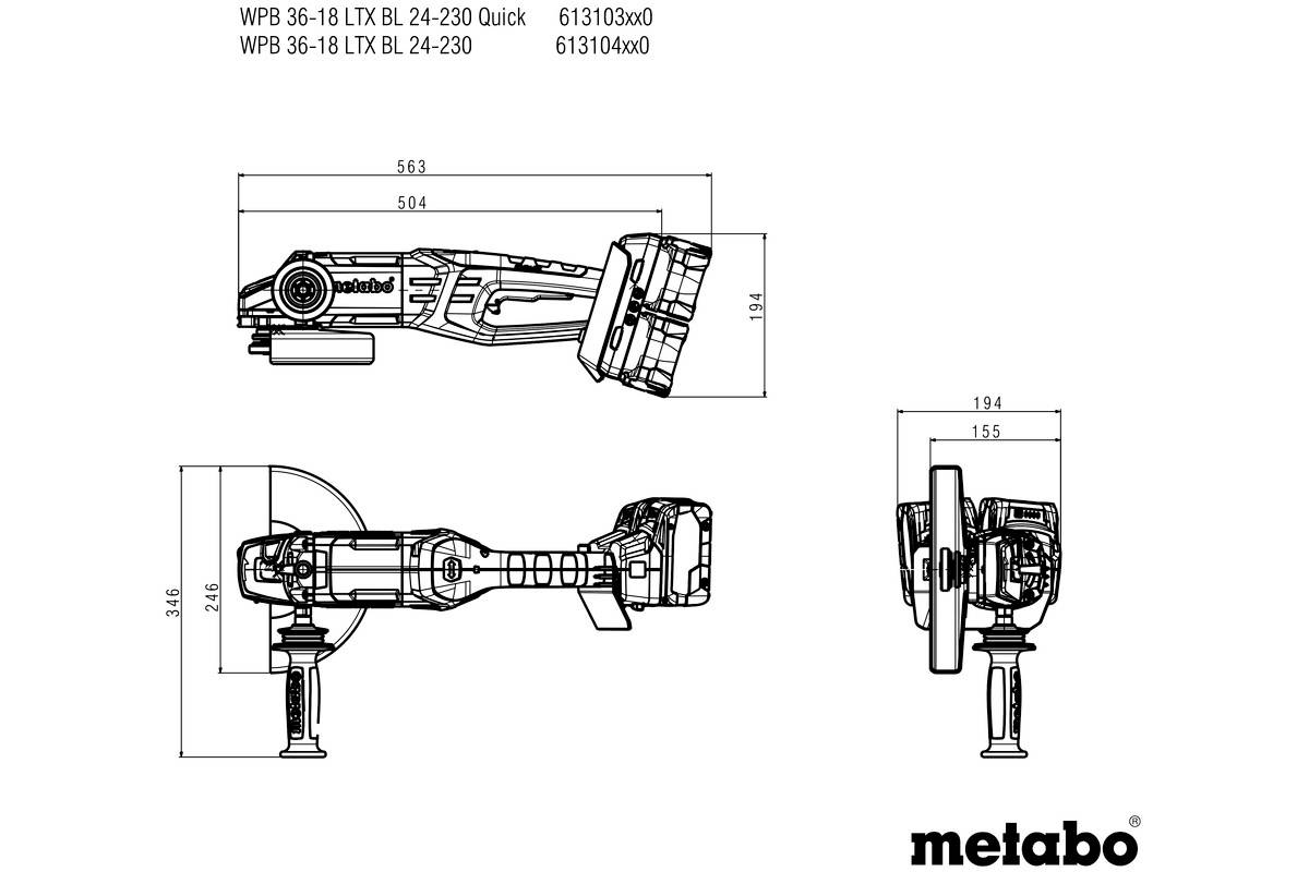 Technický výkres akumulátorové úhlové brusky Metabo. Pohledy shora, zepředu a z boku s rozměry v milimetrech.