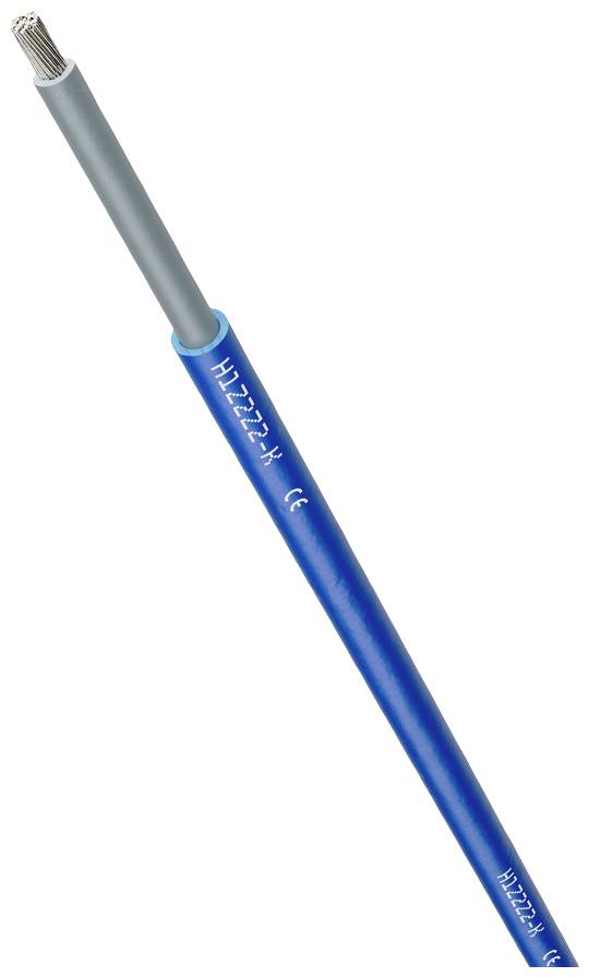 Modře izolovaný elektrický kabel s částečně odhaleným stříbrným vodičem, jehož izolace byla místy stažena.