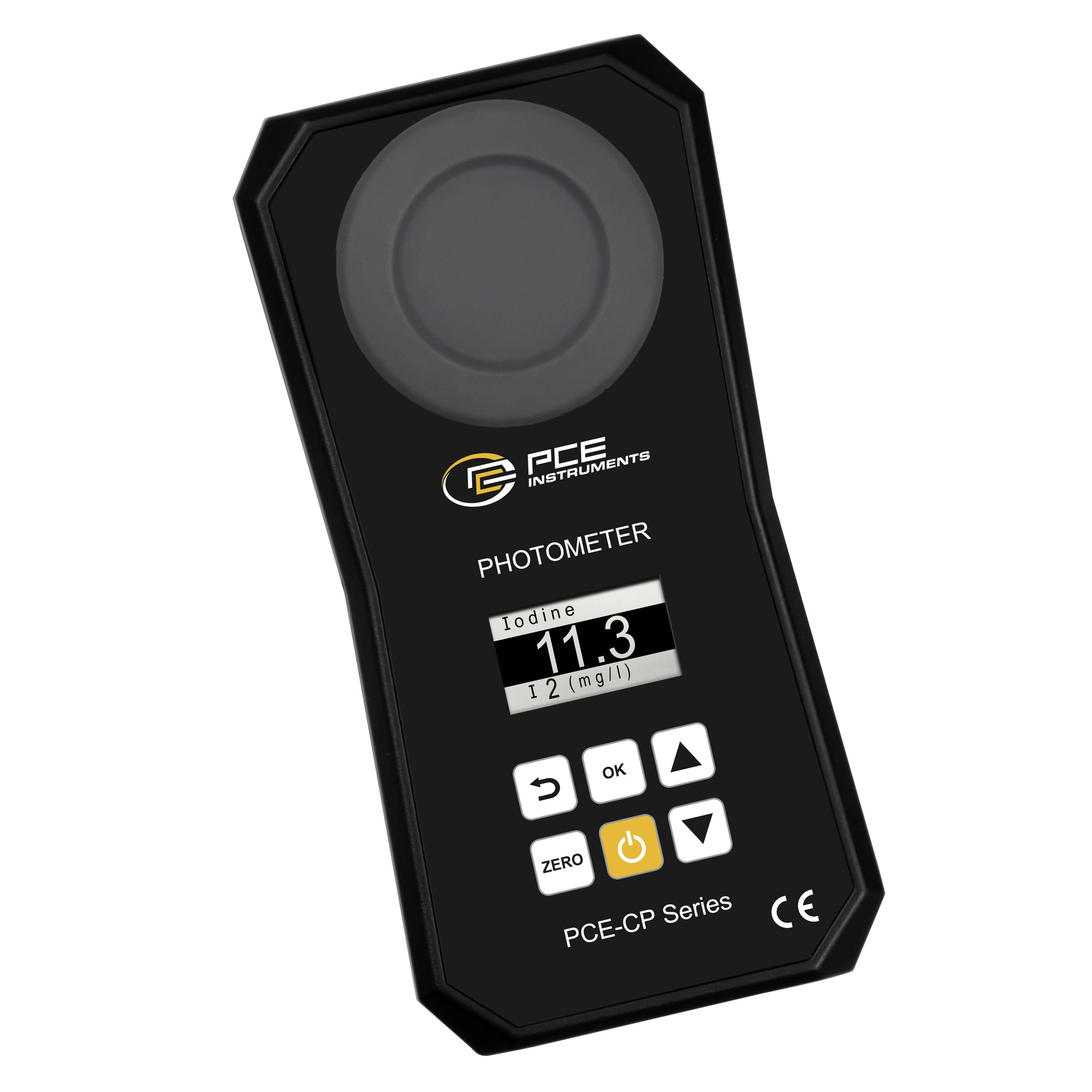 Ruční fotometr PCE Instruments zobrazující odečet jodidu 11,3 mg/l s malým displejem a ovládacími tlačítky.