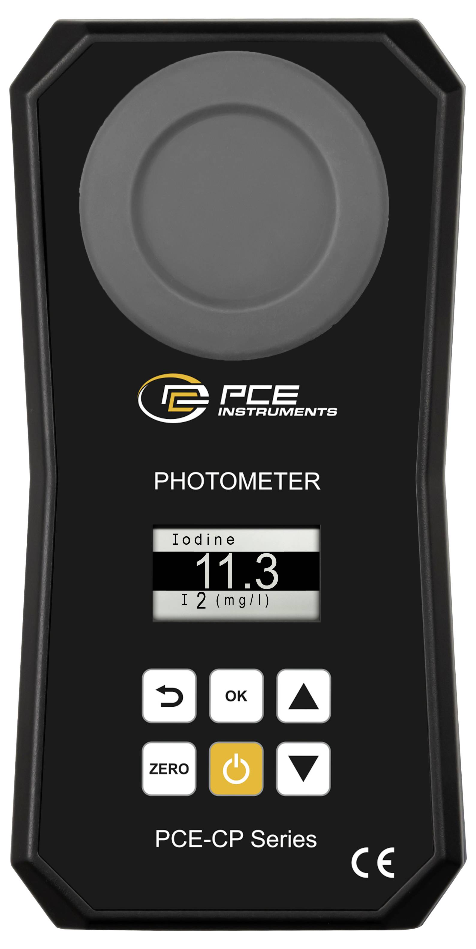 Fotometr PCE Instruments zobrazující hodnotu jódu 11,3 mg/l na displeji s ovládacími tlačítky a označením „řada PCE-CP".