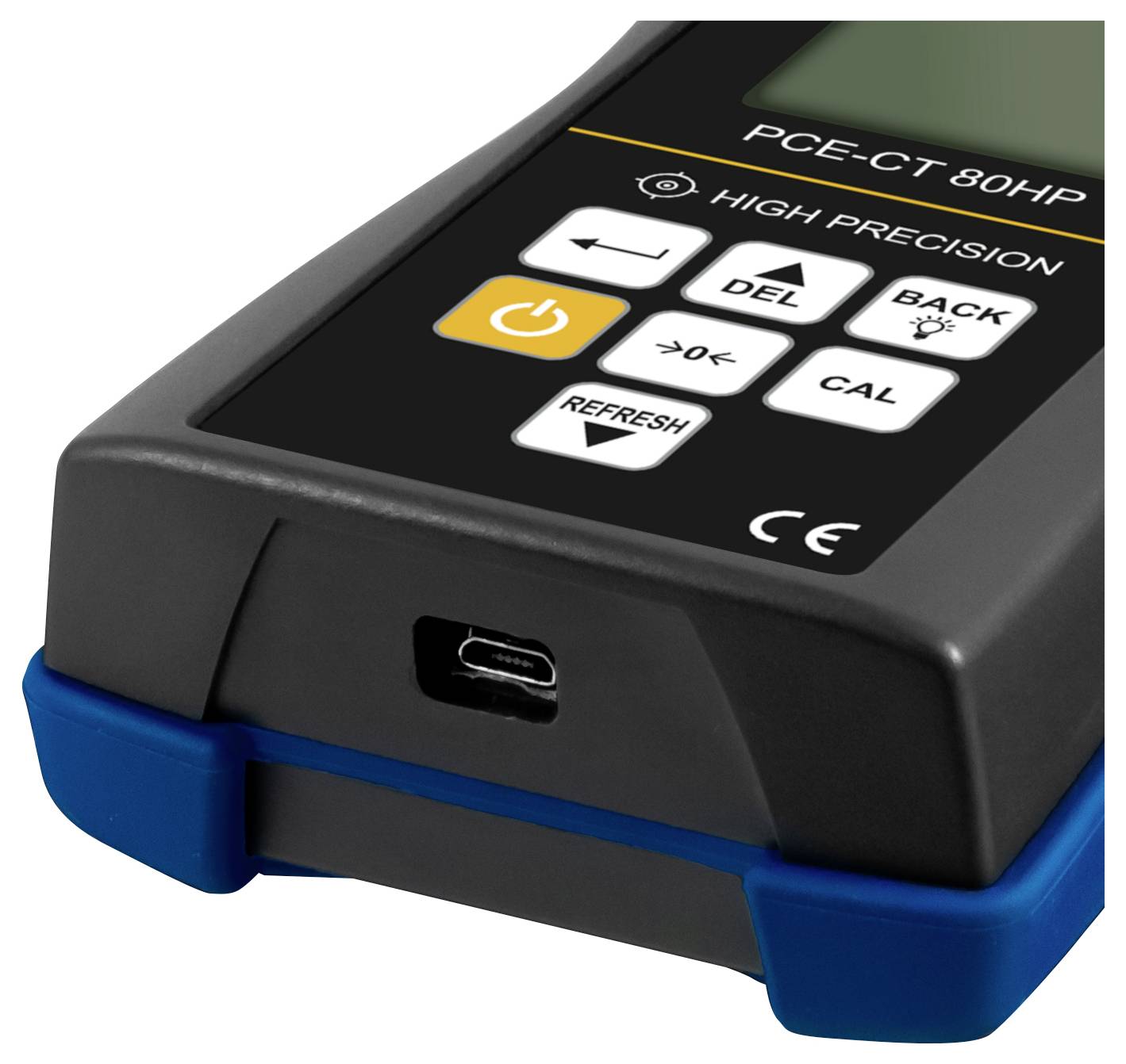 Přenosný elektronický měřič s displejem a označenými tlačítky, včetně tlačítek POWER (Napájení), DEL (Smazat), BACK (Zpět), CAL (Kalibrace) a REFRESH (Obnovit), v černém a modrém pouzdře.