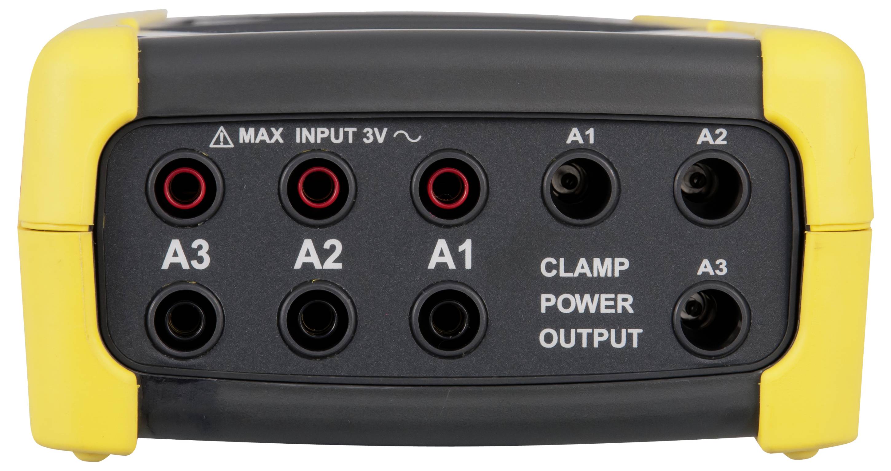 Přední panel měřicího kleště se šesti vstupními zásuvkami označenými A1, A2 a A3, plus textem „CLAMP POWER OUTPUT" a „MAX INPUT 3V".