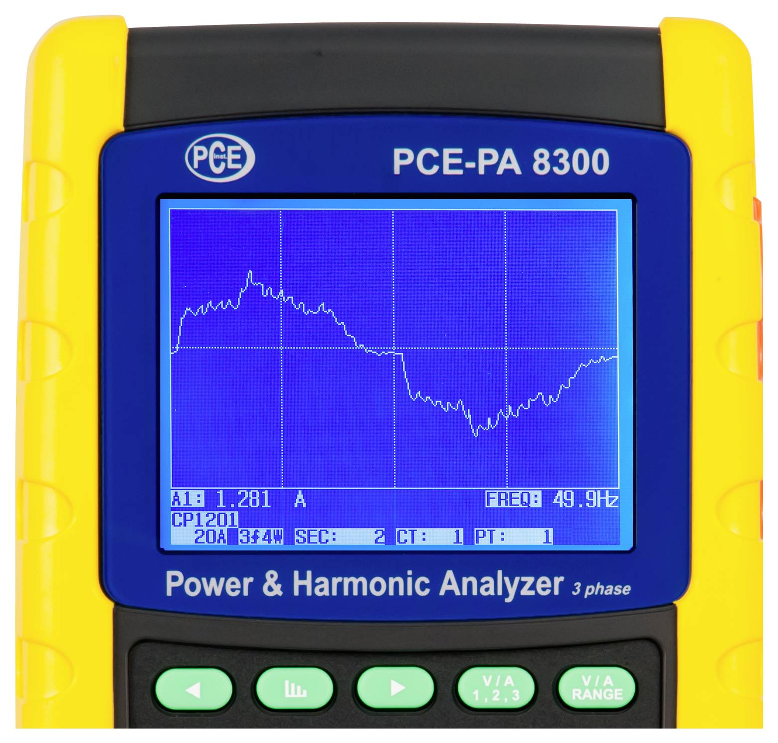Analyzátor výkonu a harmonických PCE-PA 8300 zobrazující graf průběhu napětí na modré obrazovce s ovládacími tlačítky pod ní.