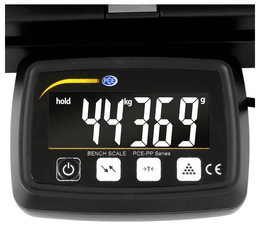 Digitální stolní váha s displejem zobrazujícím "hold" a údaj 44 kg 369 g na váze PCE.