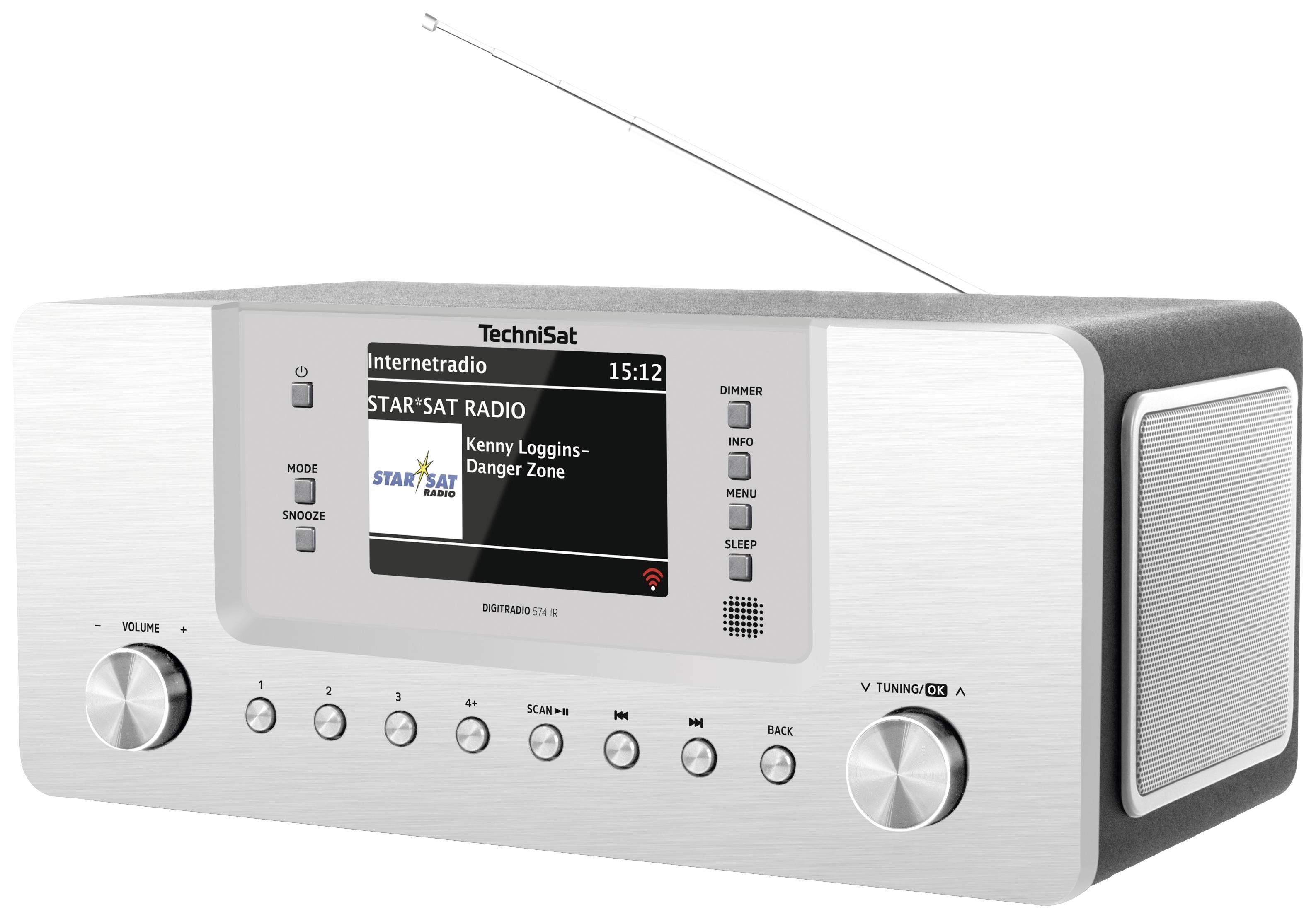 Přenosné rádio s displejem, zobrazuje 'STAR*SAT RADIO' a písničku 'Kenny Loggins - Danger Zone', čas je 15:12.