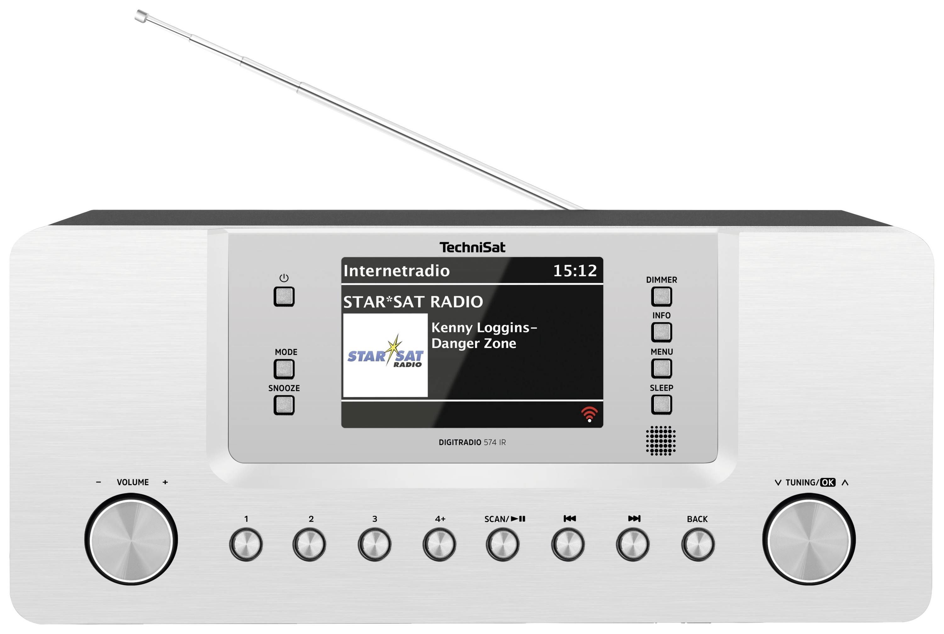 Digitální rádio s anténou a displejem. Na displeji je zobrazeno 'STAR'SAT RADIO' a písnička 'Kenny Loggins - Danger Zone'.