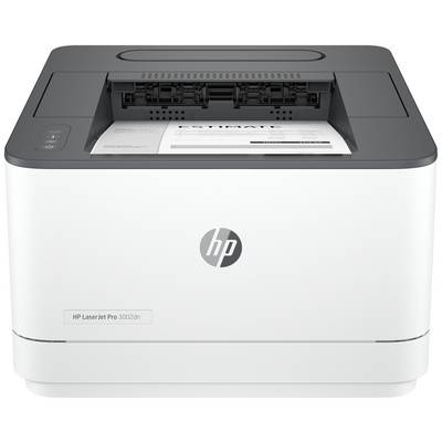 Tiskárna HP LaserJet Pro s šedým tělem tiskne černobílý dokument. Tiskárna má jednoduché, moderní designové řešení.