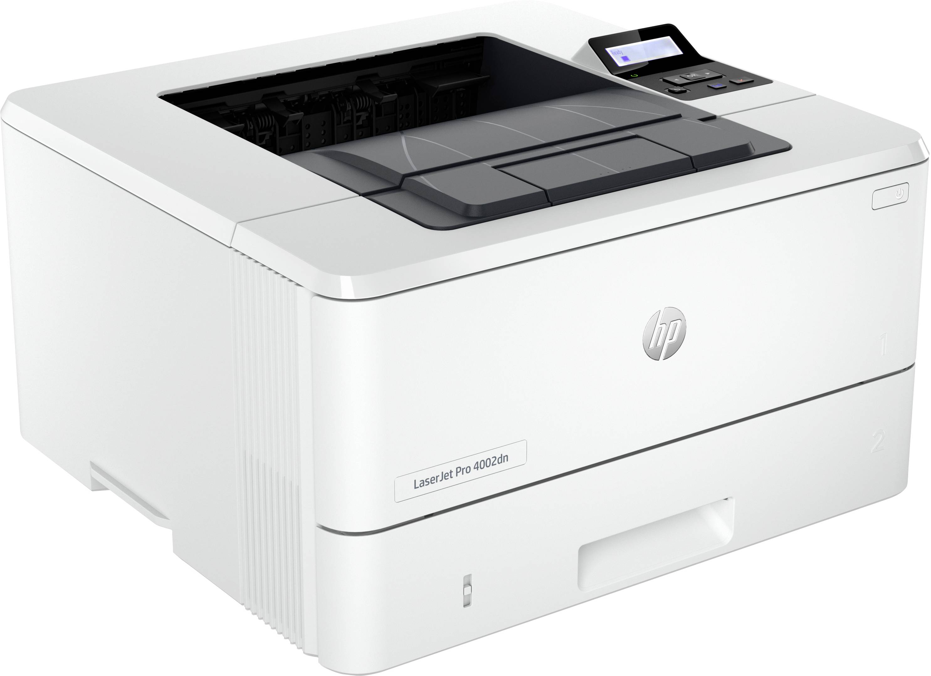 Bílá laserová tiskárna s ovládacím panelem v pravém horním rohu. Tiskárna má otevřený zásobník papíru nahoře a nese modelové označení 'LaserJet Pro 400'.