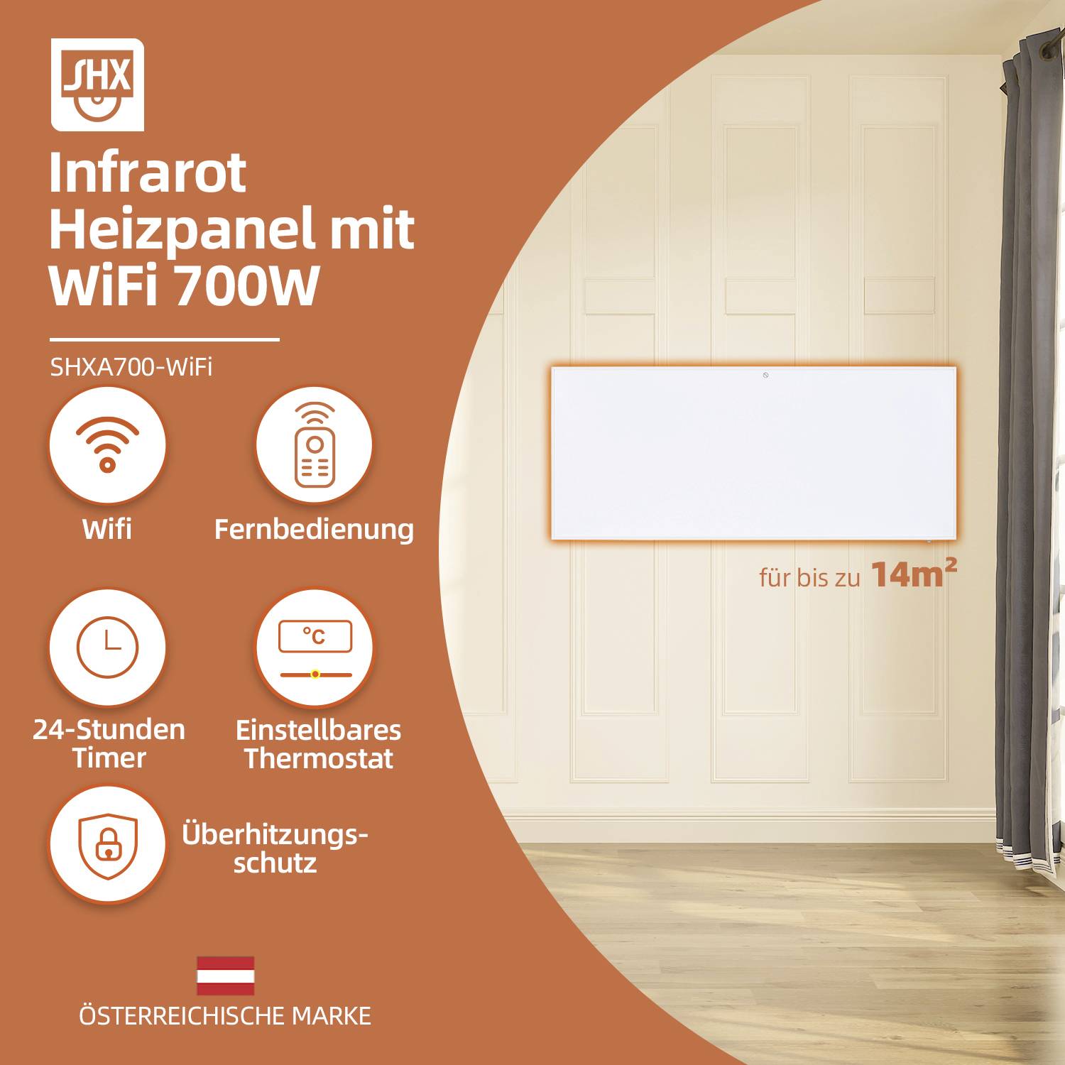 Infračervený topný panel s WiFi, 700W. Vlastnosti: dálkové ovládání, časovač, ochrana proti přehřátí. Vhodný pro prostory až 14m². Rakouská značka.