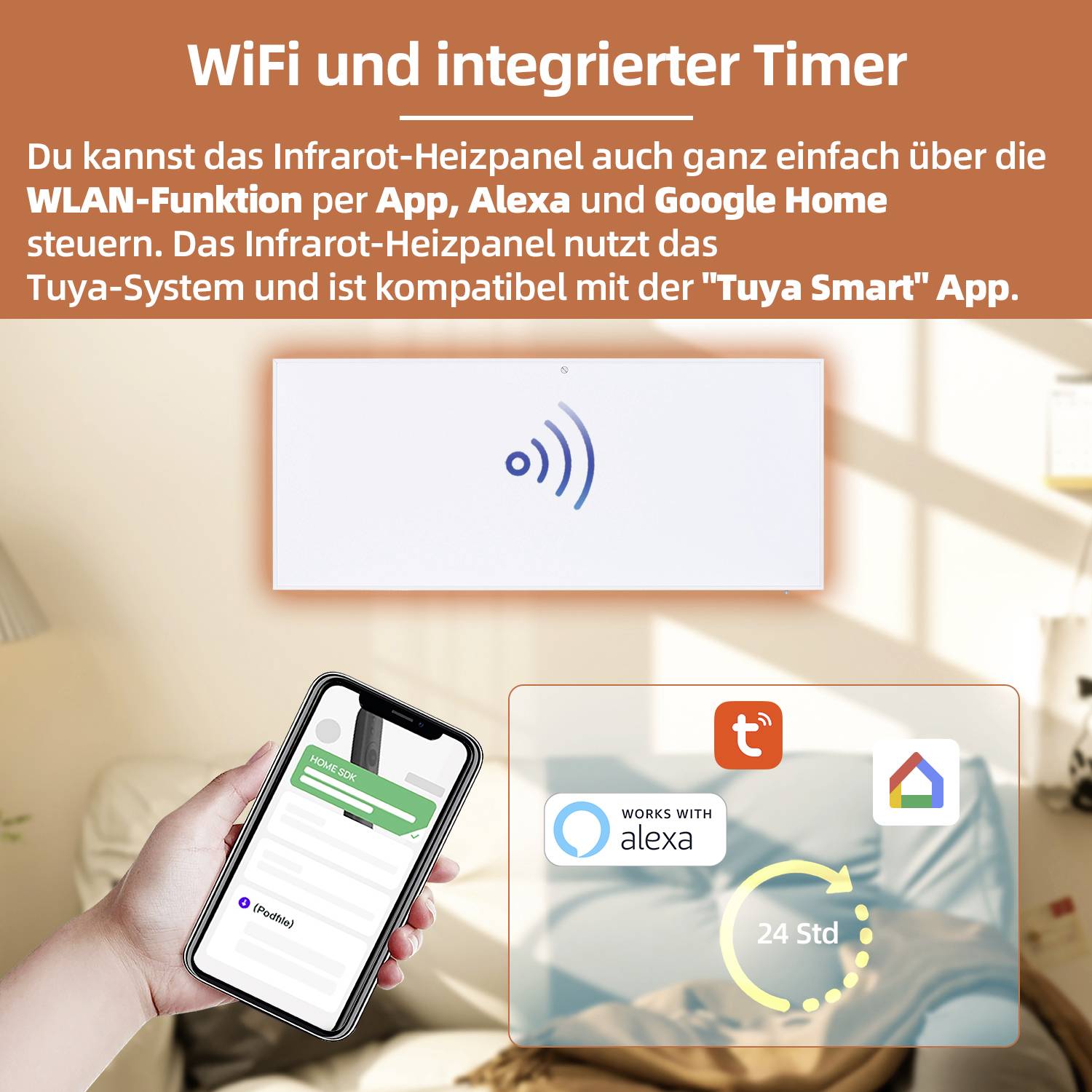 Infračervený topný panel s WIFI. Ovládání přes aplikaci, Alexu a Google Home. Kompatibilní s aplikací Tuya Smart. Integrovaný časovač.