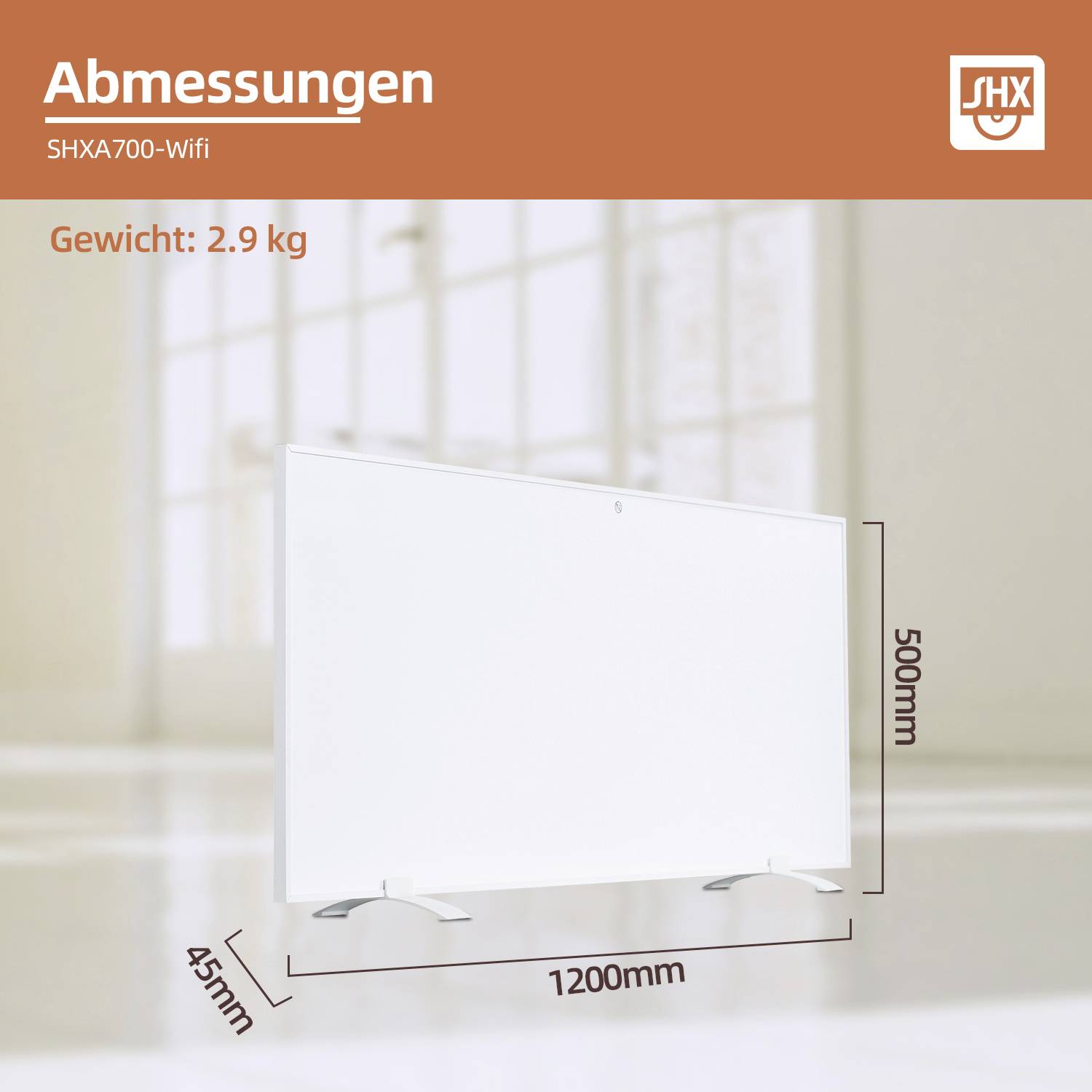 Rozměry: 1200 mm x 500 mm x 45 mm, hmotnost: 2,9 kg. Popis produktu s bílým panelem v světlém prostoru.
