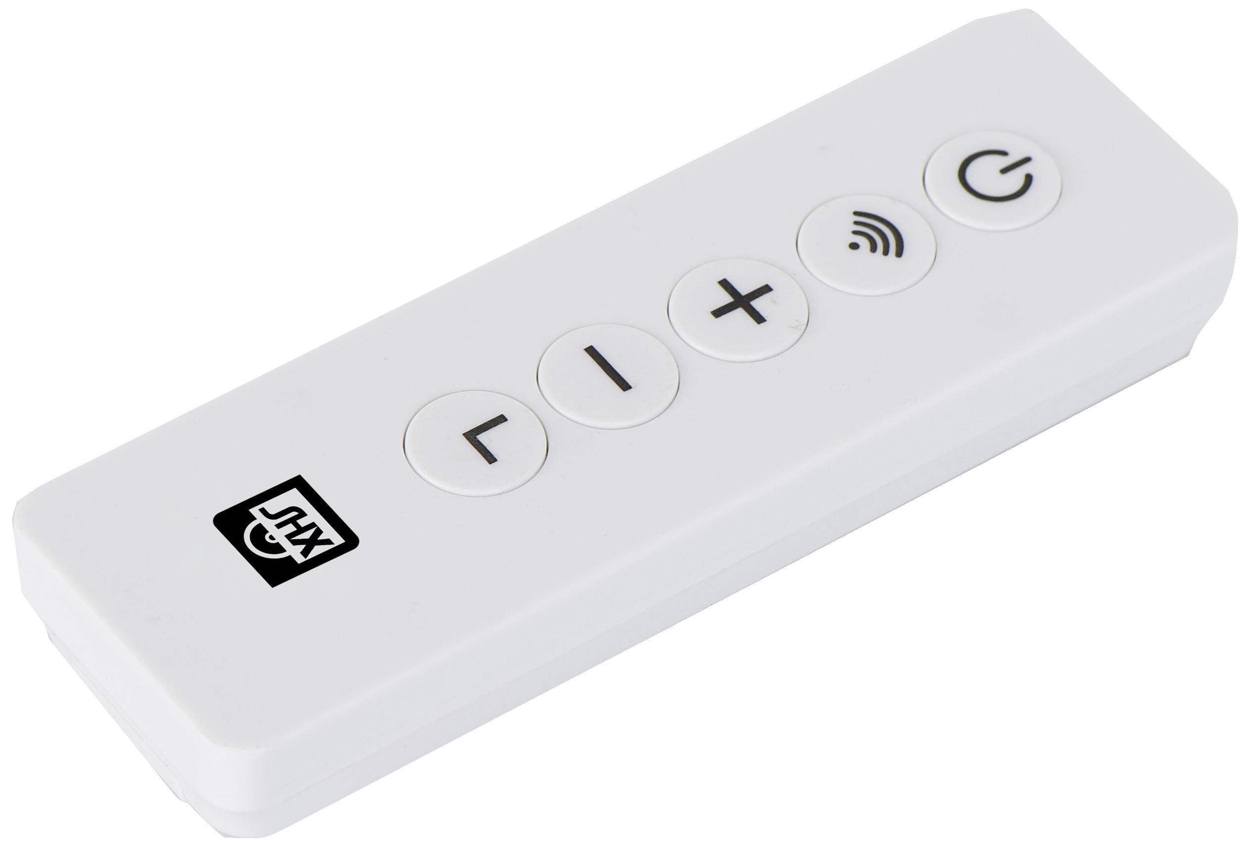 Bílý dálkový ovladač s pěti symboly: tlačítko hlasitosti, plus a mínus pro regulaci hlasitosti, symbol Wi-Fi, tlačítko zapnutí/vypnutí.