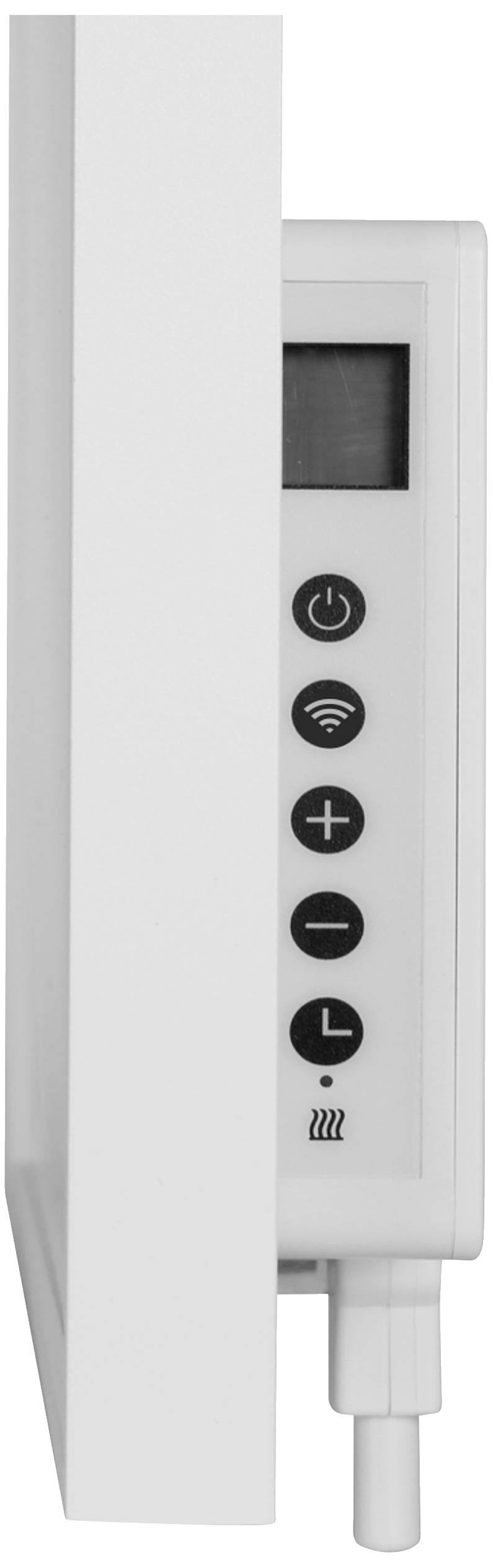 Boční pohled na topné těleso s ovládacími prvky: displej, symbol Wi-Fi, tlačítka plus a mínus, časový spínač a regulace topení.
