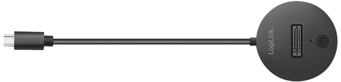 Adaptér z USB-C na DisplayPort od společnosti LogiLink, černý, s kulatým tělem a připojovacím kabelem, určený pro připojení zařízení.