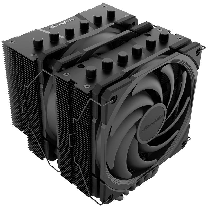 Černý CPU chladič vzduchem s dvěma velkými ventilátory a hustými chladicími žebry, vhodný pro výkonné počítačové systémy.