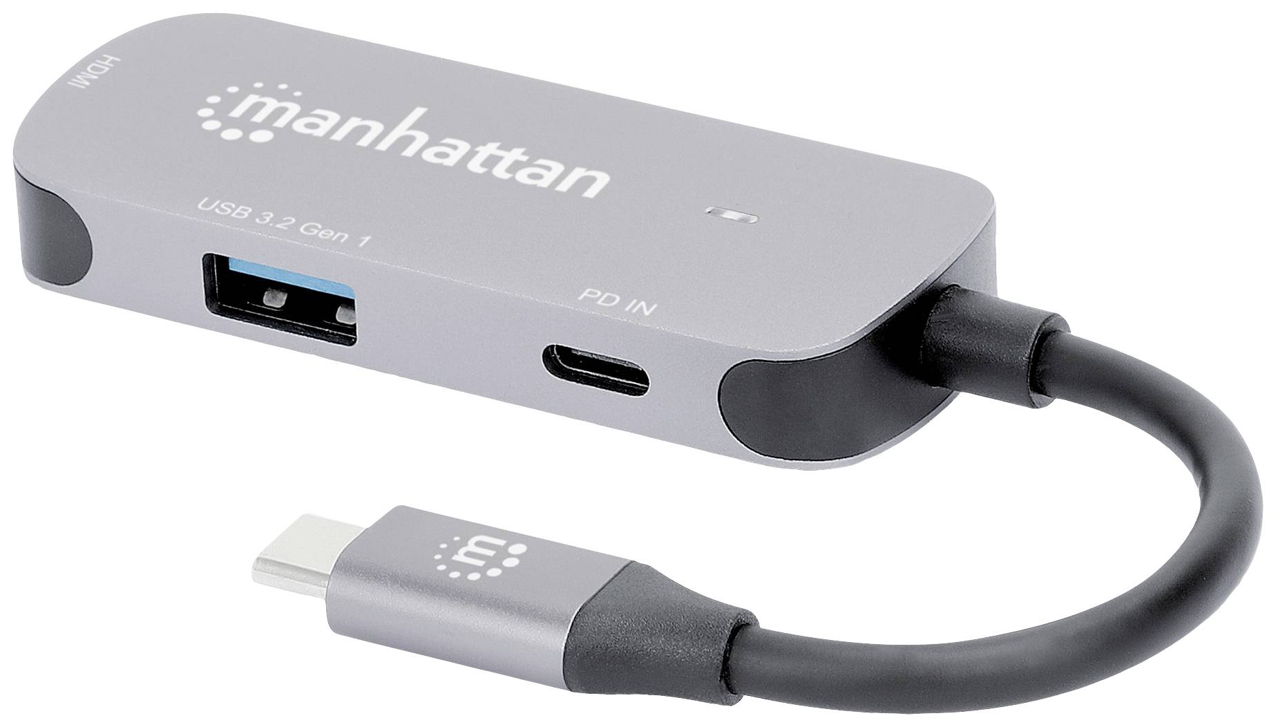Šedý USB-C hub značky Manhattan s několika porty: USB 3.2, PD IN a VGA port. Ideální pro konektivitu.