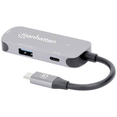 Šedý USB-C hub značky Manhattan s několika porty: USB 3.2, PD IN a VGA port. Ideální pro konektivitu.
