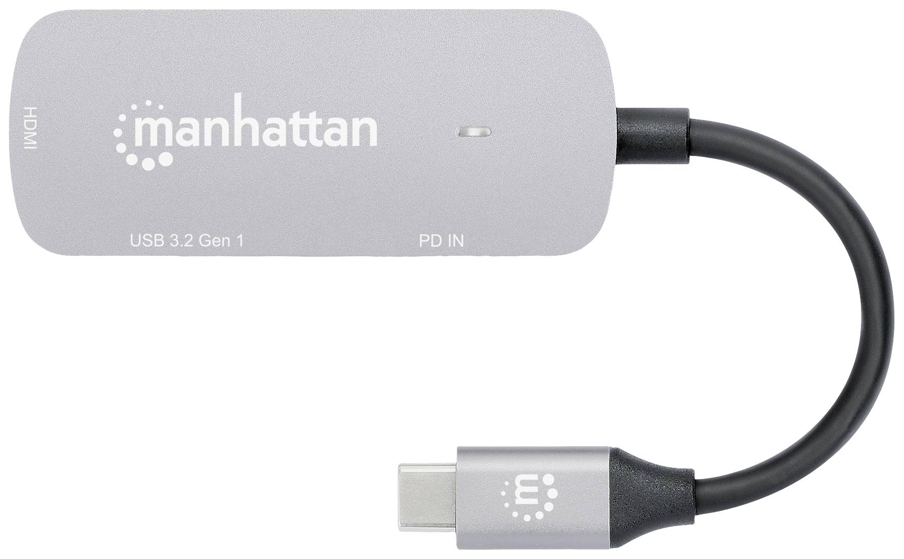 Adaptér 'manhattan' s HDMI a USB-C porty, označený štítky 'USB 3.2 Gen 1' a 'PD IN'.