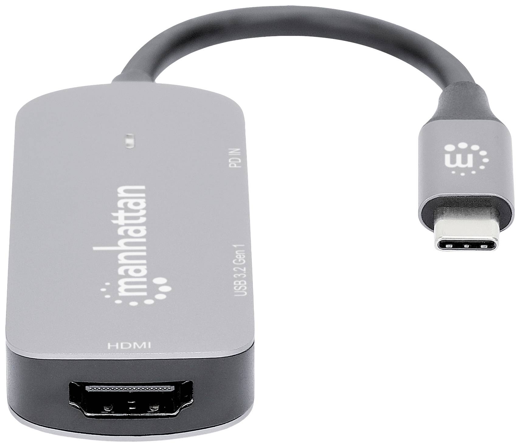 Šedočerný adaptér s HDMI portem a USB-C konektorem. Značka 'Manhattan'.