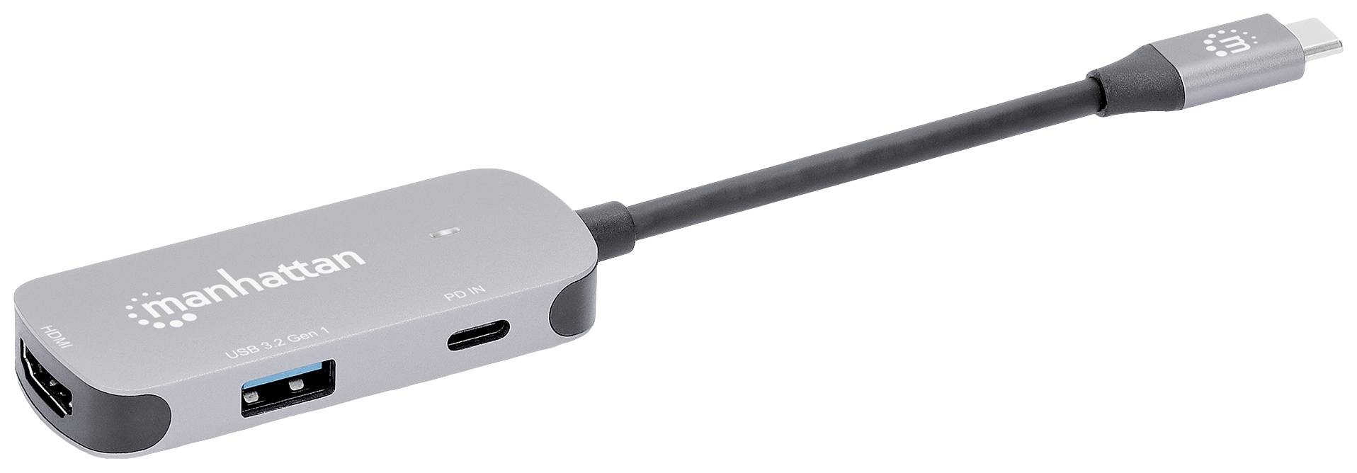 USB-C adaptér s připojovacím kabelem, značka 'Manhattan'. Disponuje HDMI, USB a USB-C porty.