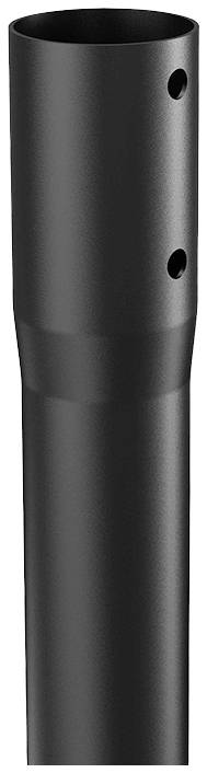 Černá kovová trubka se dvěma otvory umístěnými nad sebou. Trubka je hladká a válcovitá, pravděpodobně vhodná pro stavební účely.