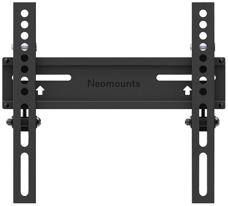Nástěnný držák pro ploché obrazovky v černé barvě, model 'Neomounts'. Zobrazuje montážní otvory a nastavitelné úchyty.