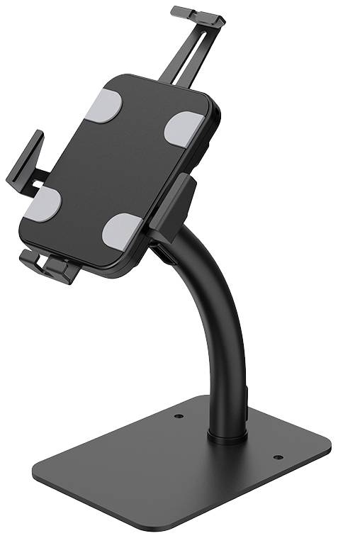 Černý stojan na tablet s nastavitelnými úchyty, upevněný na stabilní základně. Vhodný pro použití na pracovních stolech.