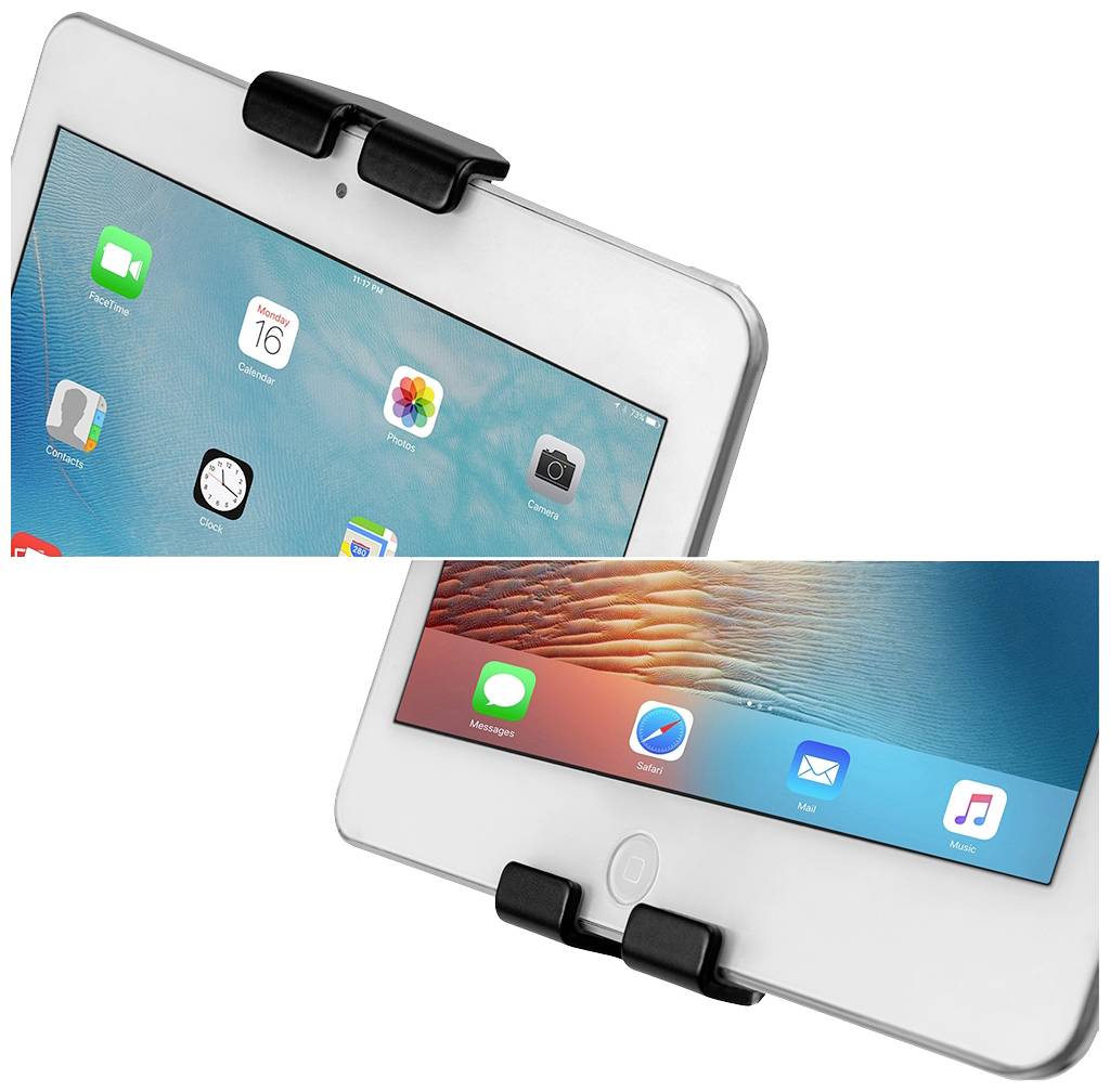 Bílý tablet s aplikacemi na obrazovce, upevněný na držáku. Nahoře kalendář, hodiny, fotoaparát; dole Safari, Mail.